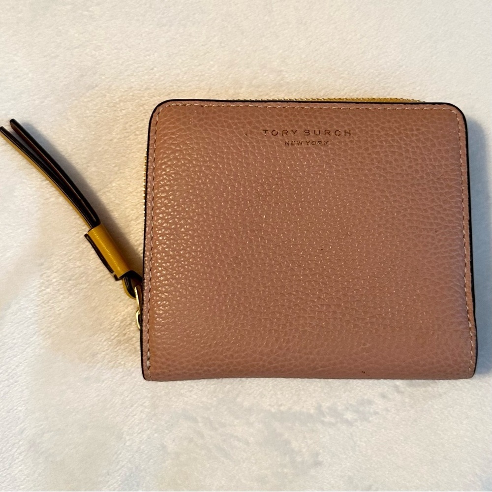 Tory Burch Perry Color Block Bifold Pebbled Leather Wallet pink yellow brown red